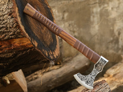 Custom Gift Forged Handmade Carbon Steel Viking Axe – Camping Hatchet with Leather Sheath