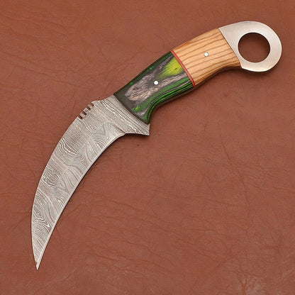 Custom Handmade Damascus Karambit Damascus Steel Karambit Knife with Wood Handle