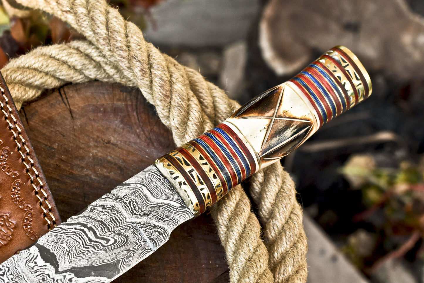 14 Inch Hand Forged Damascus Steel Bowie Knife Camel Bone Handle Brass Bolster