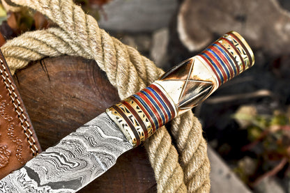 14 Inch Hand Forged Damascus Steel Bowie Knife Camel Bone Handle Brass Bolster