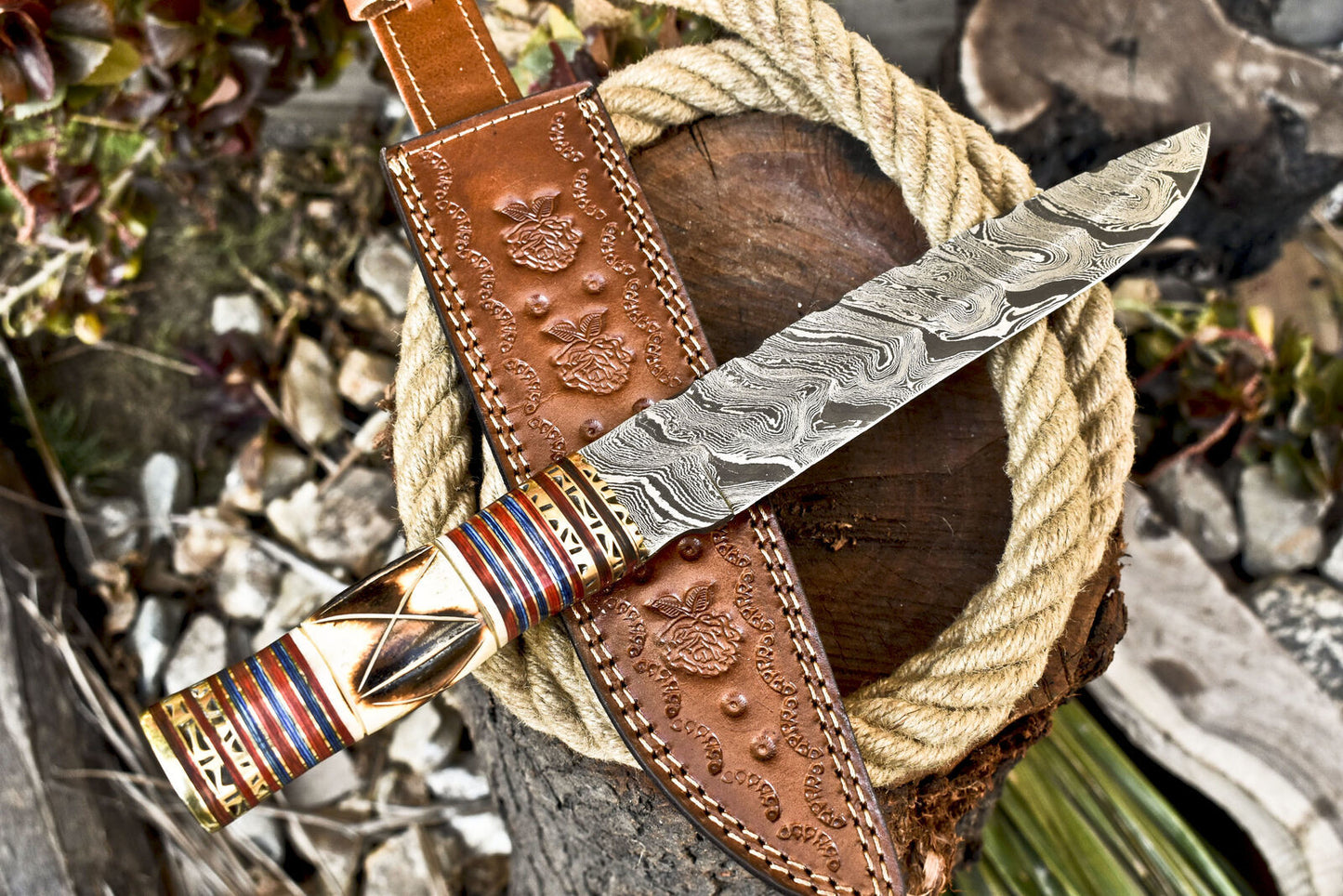 14 Inch Hand Forged Damascus Steel Bowie Knife Camel Bone Handle Brass Bolster