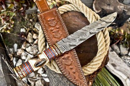 14 Inch Hand Forged Damascus Steel Bowie Knife Camel Bone Handle Brass Bolster