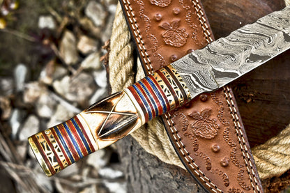 14 Inch Hand Forged Damascus Steel Bowie Knife Camel Bone Handle Brass Bolster