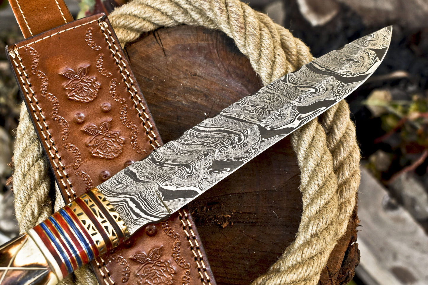 14 Inch Hand Forged Damascus Steel Bowie Knife Camel Bone Handle Brass Bolster