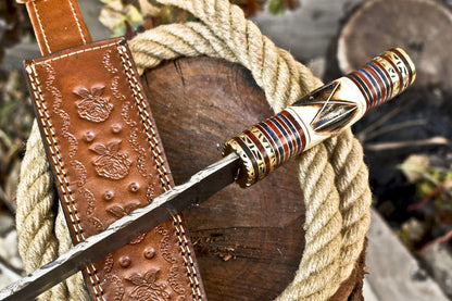 14 Inch Hand Forged Damascus Steel Bowie Knife Camel Bone Handle Brass Bolster