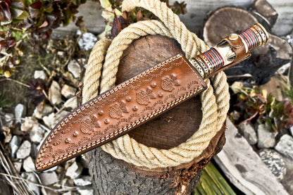 14 Inch Hand Forged Damascus Steel Bowie Knife Camel Bone Handle Brass Bolster