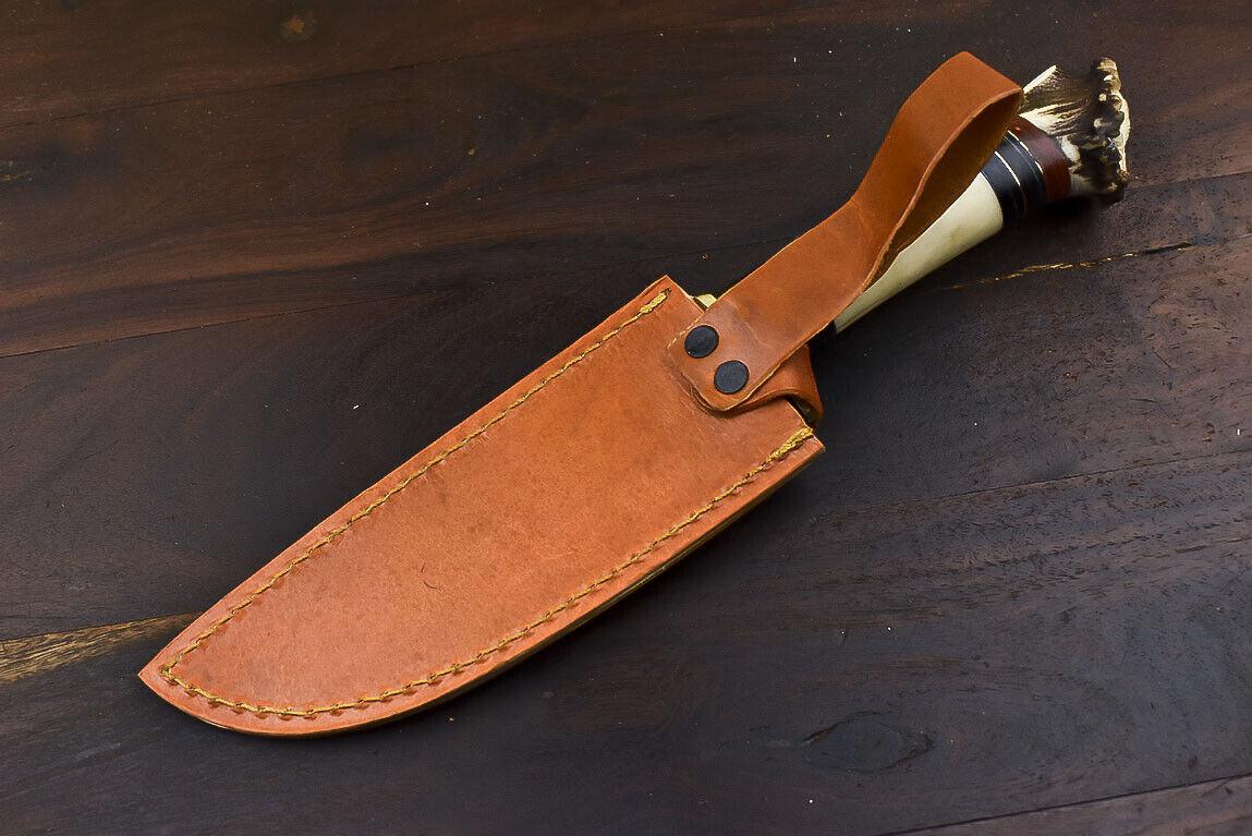 13.5" Damascus Steel Bowie Knife – Crown Antler Handle & Leather Sheath