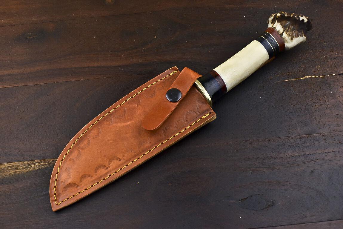 13.5" Damascus Steel Bowie Knife – Crown Antler Handle & Leather Sheath