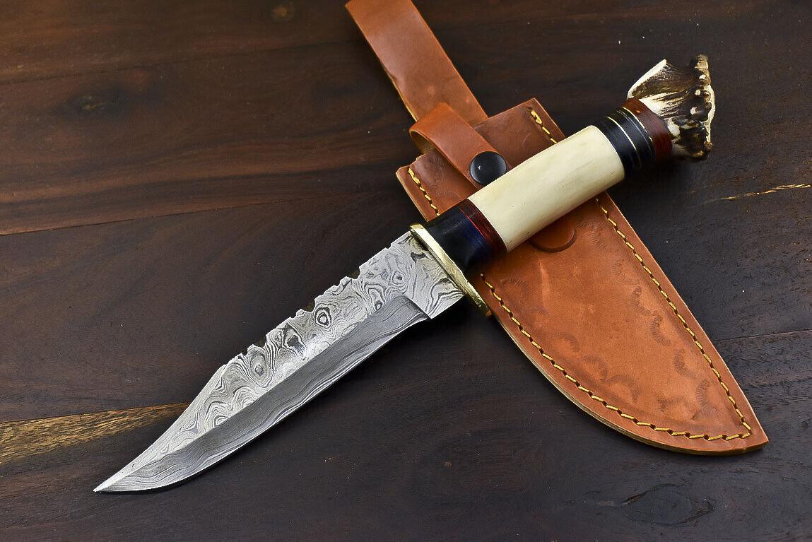 13.5" Damascus Steel Bowie Knife – Crown Antler Handle & Leather Sheath