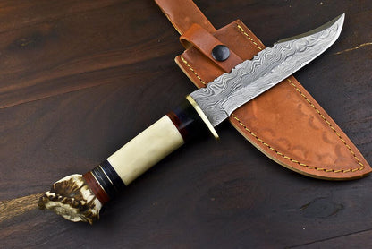 13.5" Damascus Steel Bowie Knife – Crown Antler Handle & Leather Sheath