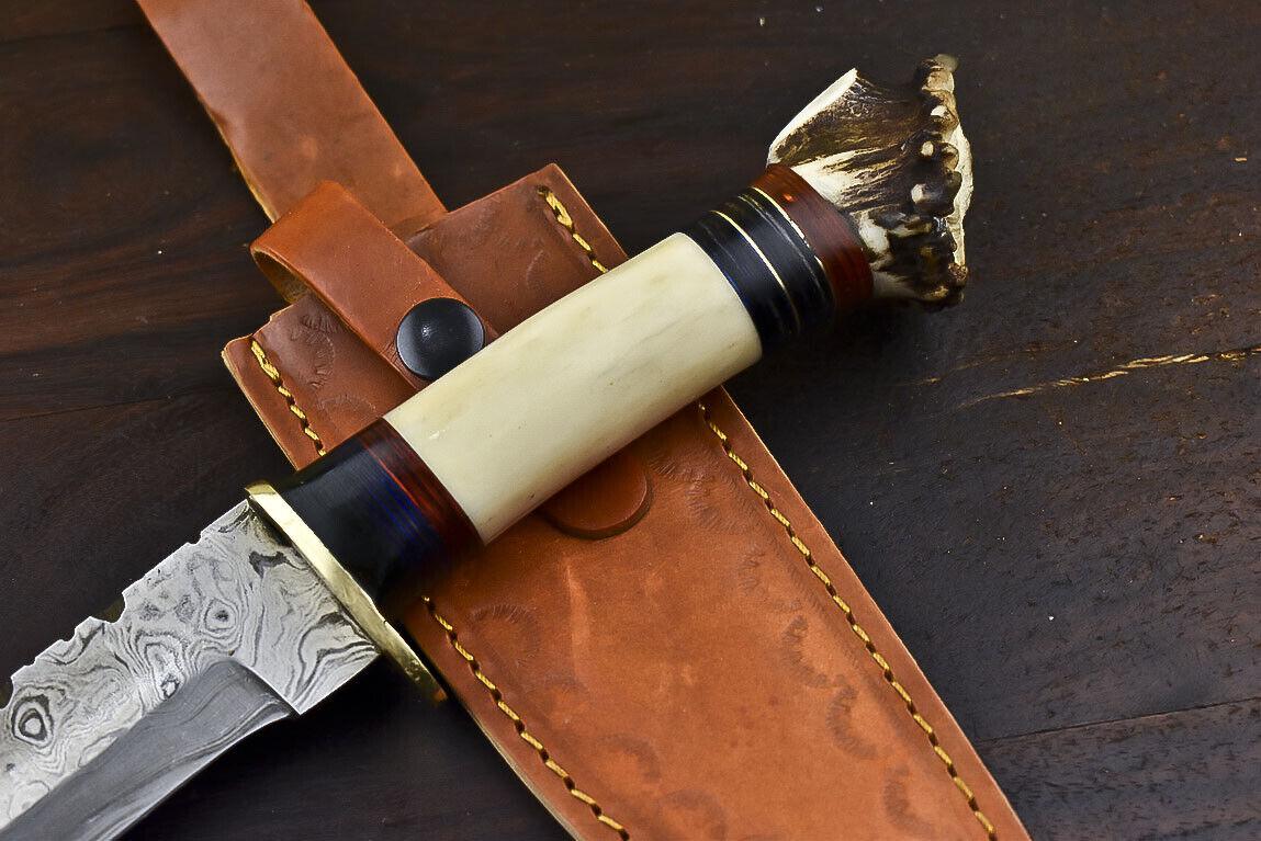 13.5" Damascus Steel Bowie Knife – Crown Antler Handle & Leather Sheath