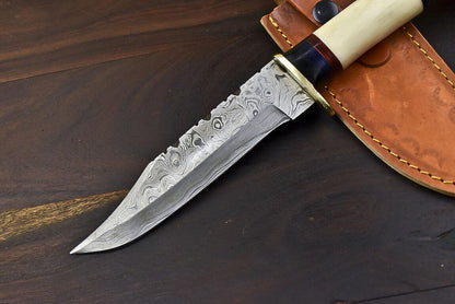 13.5" Damascus Steel Bowie Knife – Crown Antler Handle & Leather Sheath