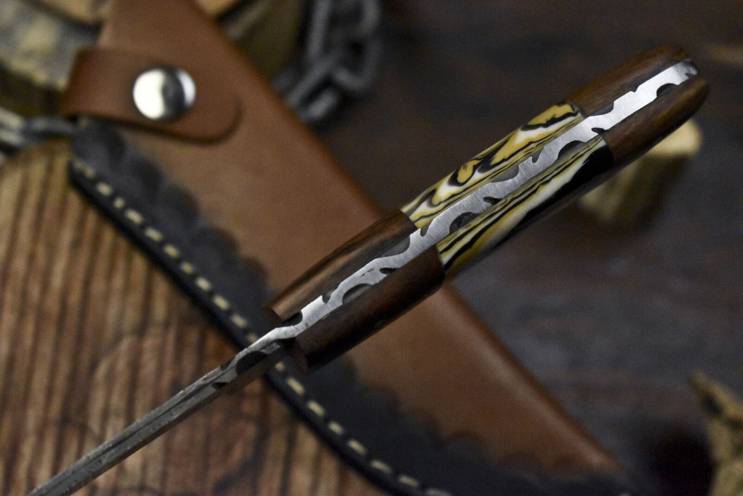 Twist Damascus Skinner Knife with Corain Handle and Wooden Bolster for Hiking & Hunting