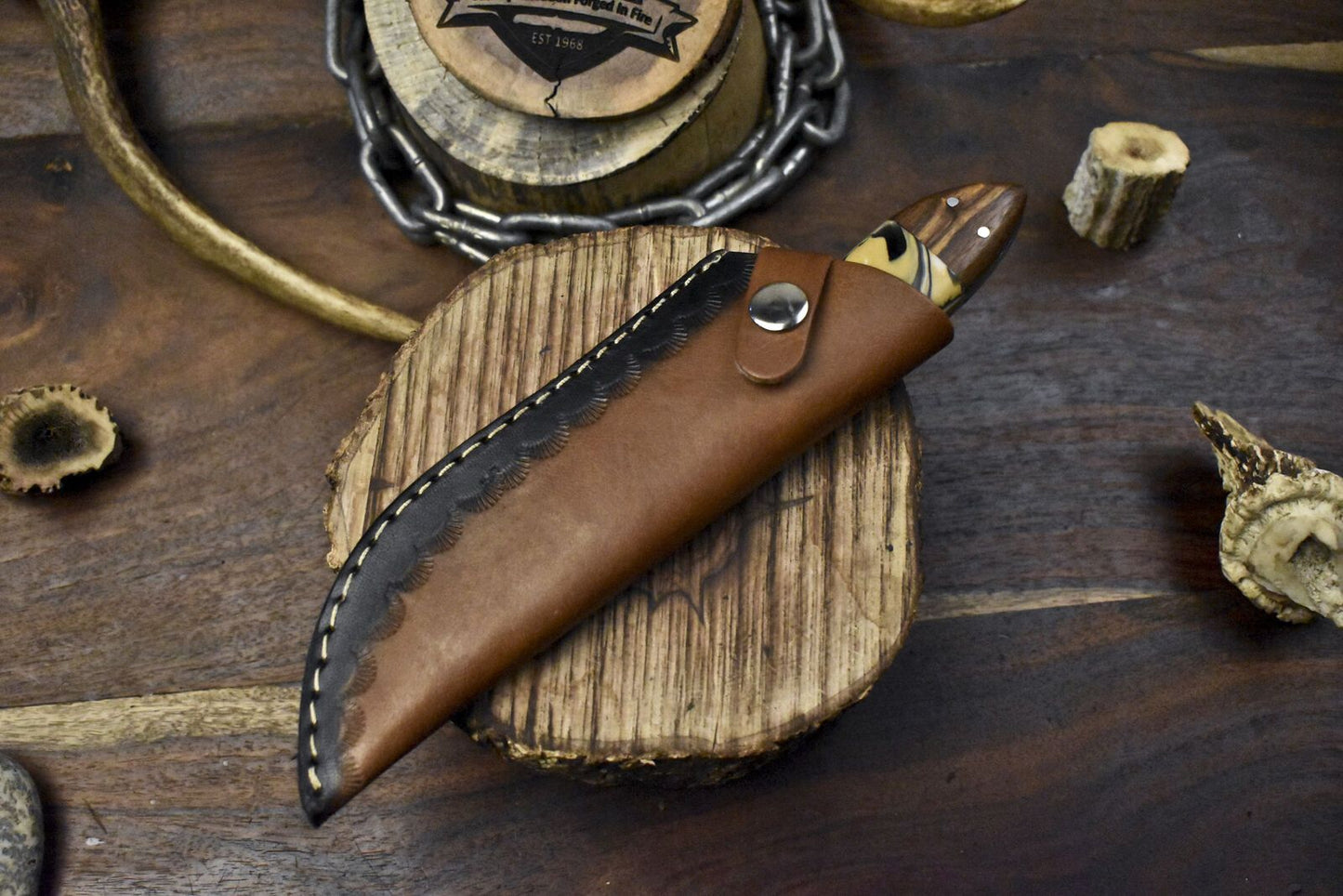 Twist Damascus Skinner Knife with Corain Handle and Wooden Bolster for Hiking & Hunting