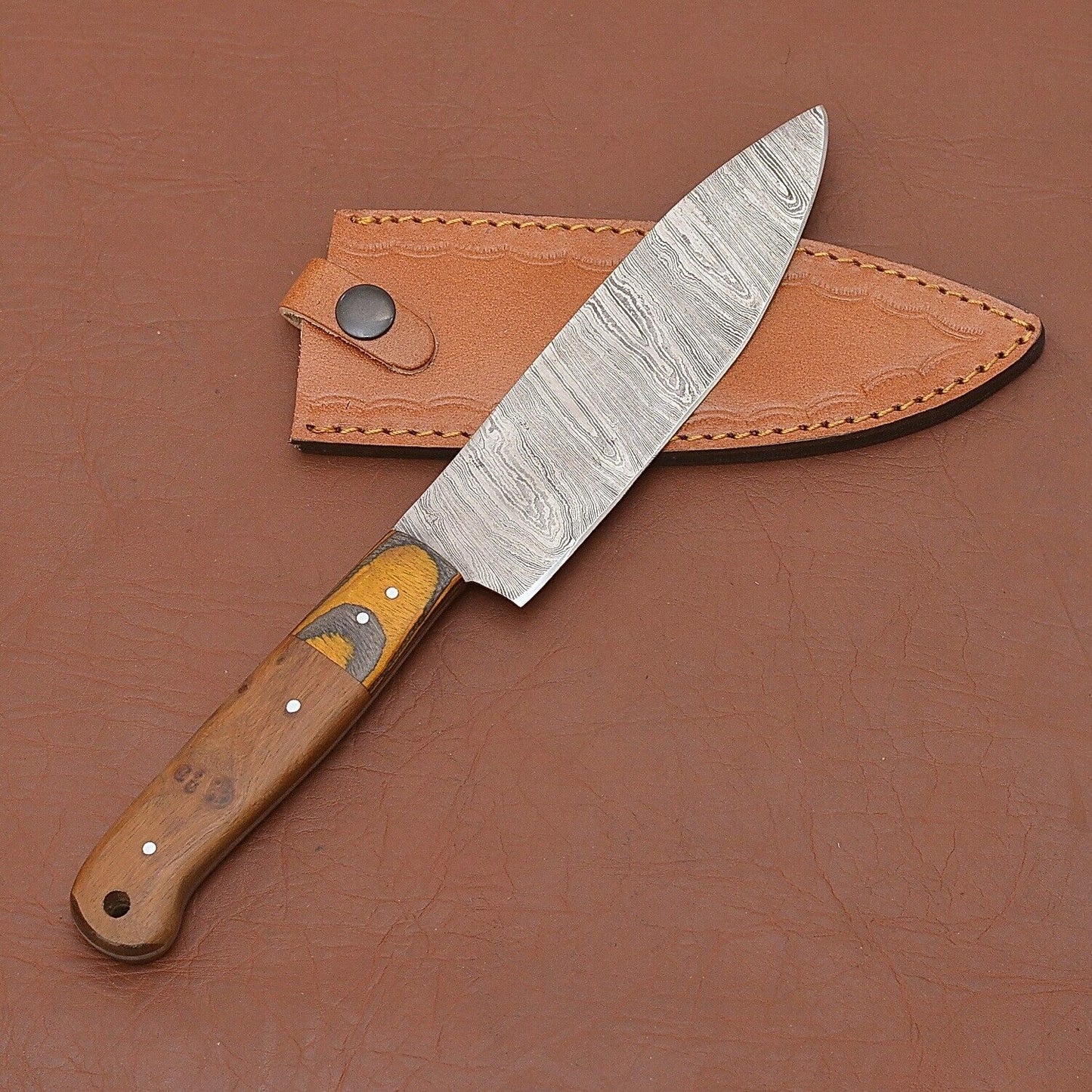 Hand Forged Damascus Steel Chef Knife | Custom Kitchen Knife with Wood Handle & Sheath