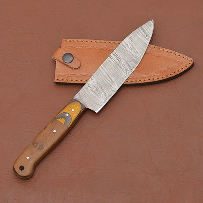 Hand Forged Damascus Steel Chef Knife | Custom Kitchen Knife with Wood Handle & Sheath