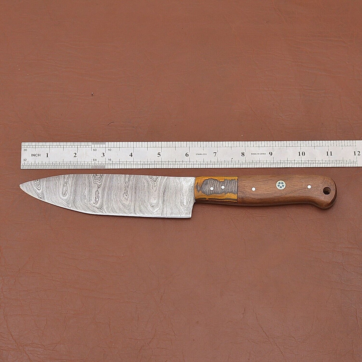 Hand Forged Damascus Steel Chef Knife | Custom Kitchen Knife with Wood Handle & Sheath