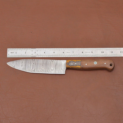 Hand Forged Damascus Steel Chef Knife | Custom Kitchen Knife with Wood Handle & Sheath