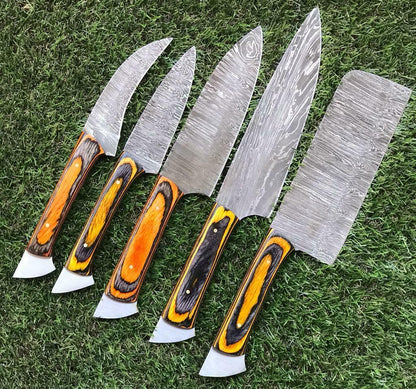 CUSTOM HANDMADE TWIST DAMASCUS STEEL CHEF KNIFE SET – WALNUT HANDLE