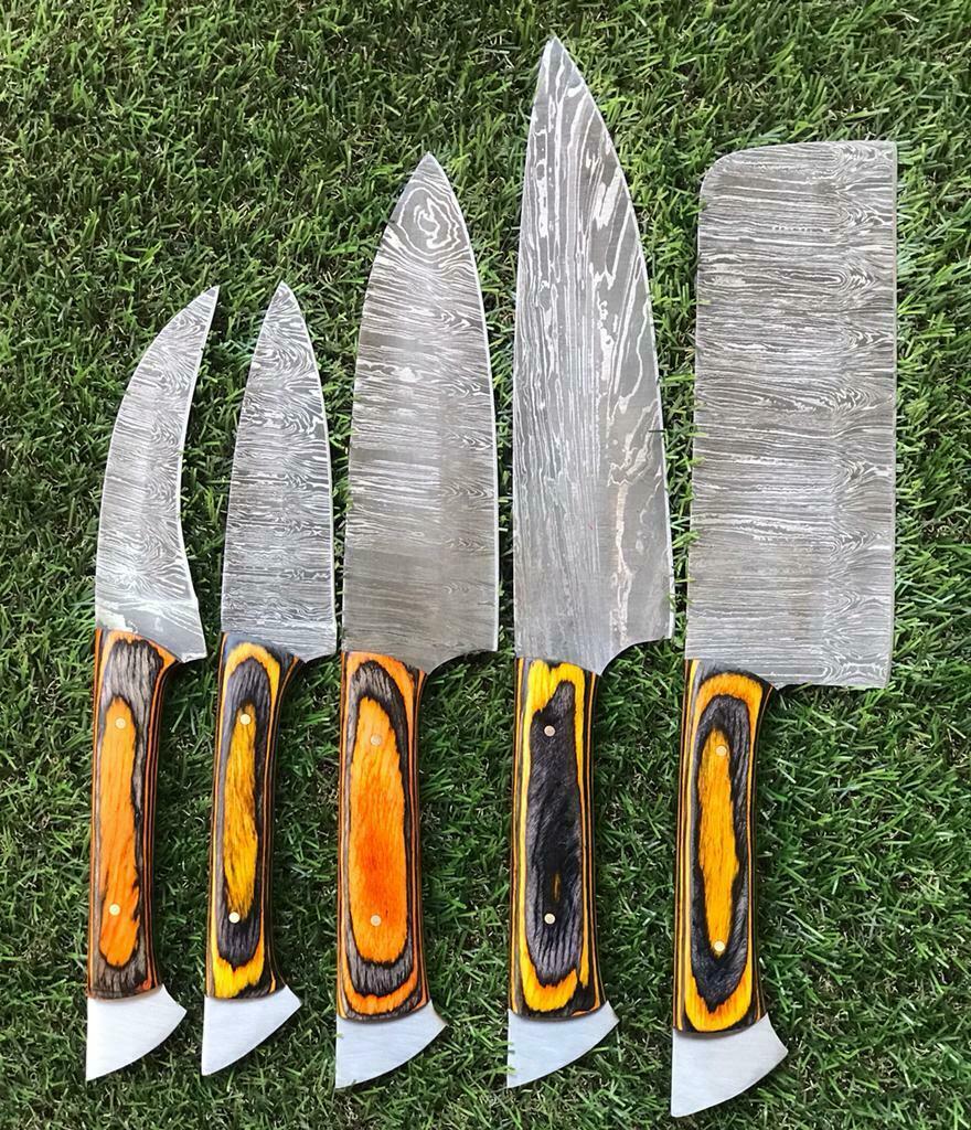 CUSTOM HANDMADE TWIST DAMASCUS STEEL CHEF KNIFE SET – WALNUT HANDLE