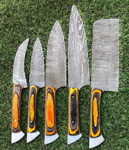 CUSTOM HANDMADE TWIST DAMASCUS STEEL CHEF KNIFE SET – WALNUT HANDLE