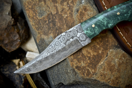 Hand Crafted Rain Drop Damascus Skinner Knife with Micarta Handle for Fishing and EDC