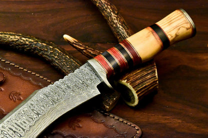 13" Custom Damascus Steel Bowie Knife | Olive Wood Handle