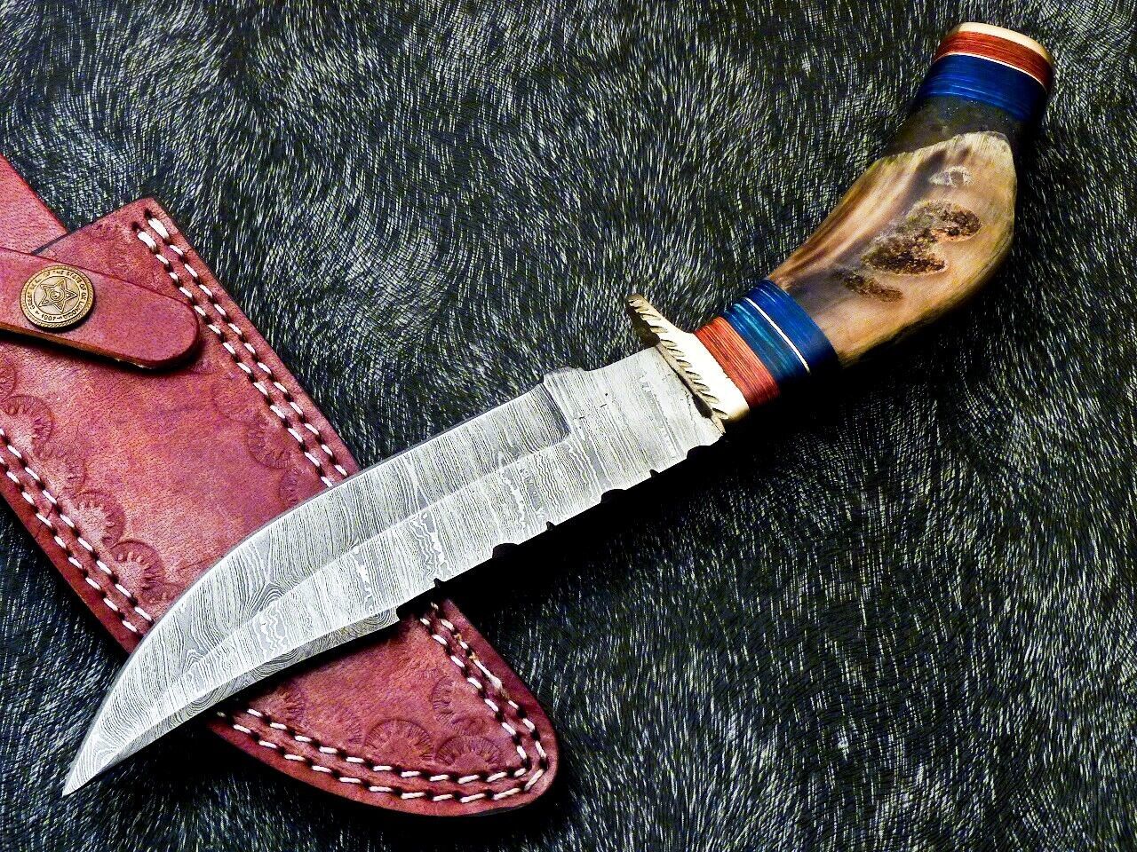 Damascus Bowie – 10" Handmade Ram Horn & Hardwood Handle with Leather Sheath