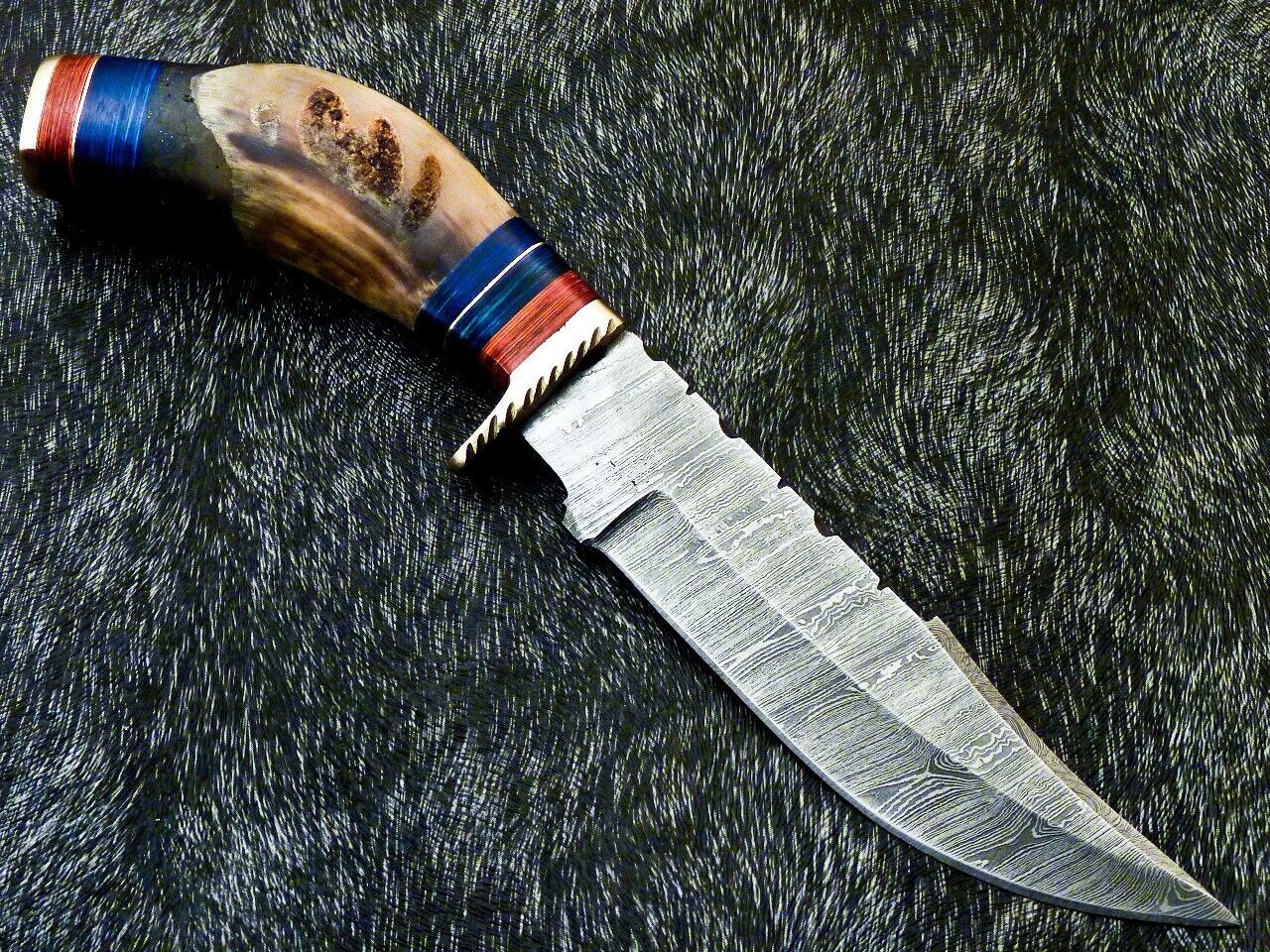 Damascus Bowie – 10" Handmade Ram Horn & Hardwood Handle with Leather Sheath