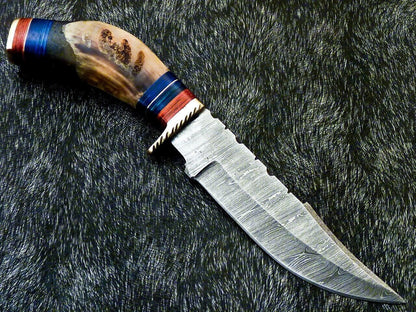Damascus Bowie – 10" Handmade Ram Horn & Hardwood Handle with Leather Sheath