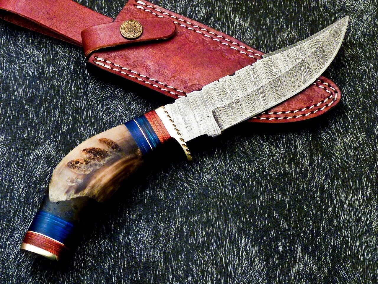 Damascus Bowie – 10" Handmade Ram Horn & Hardwood Handle with Leather Sheath