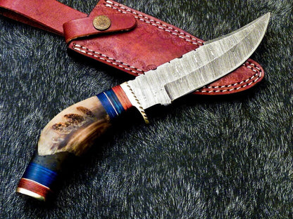 Damascus Bowie – 10" Handmade Ram Horn & Hardwood Handle with Leather Sheath