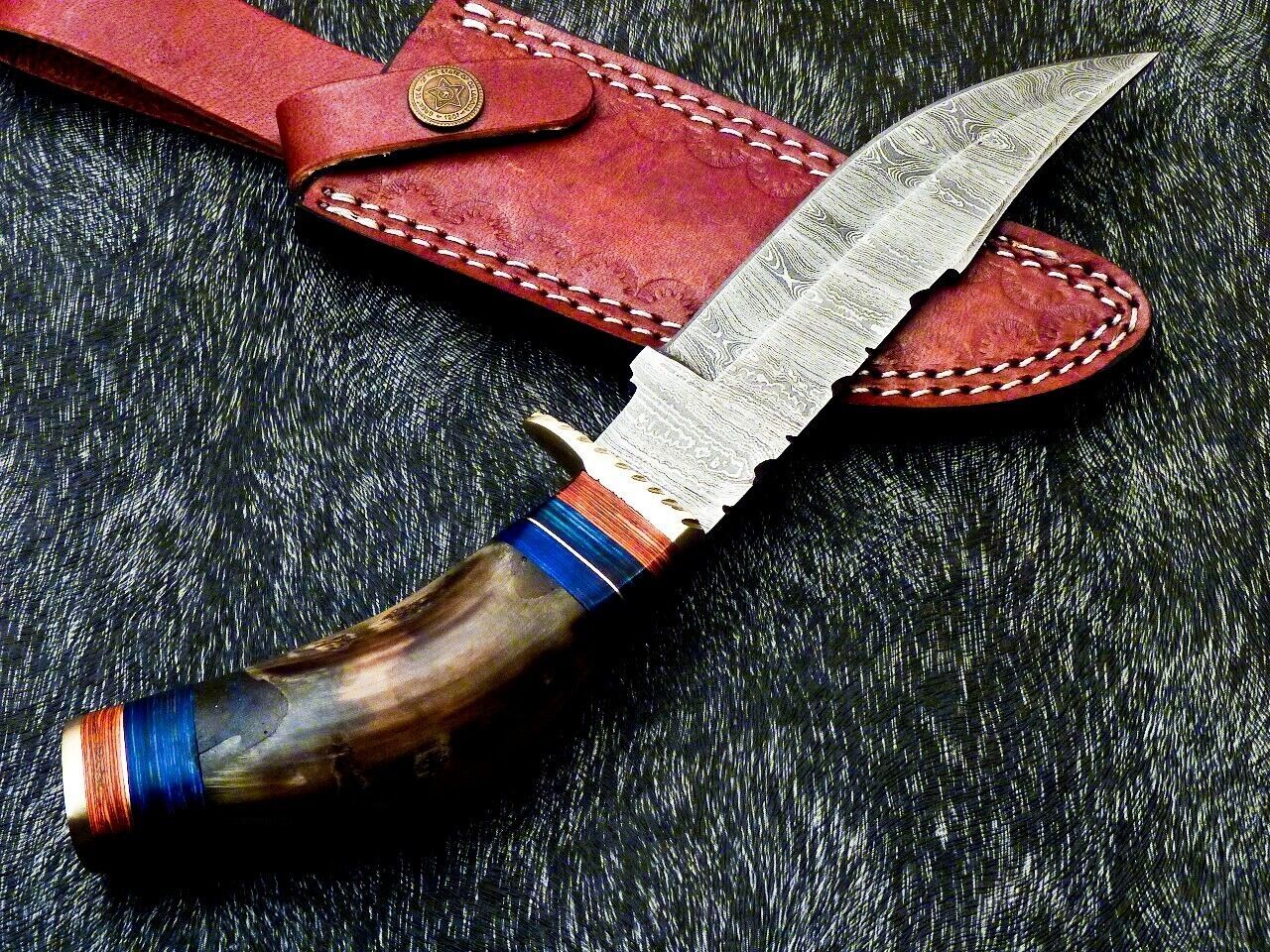 Damascus Bowie – 10" Handmade Ram Horn & Hardwood Handle with Leather Sheath