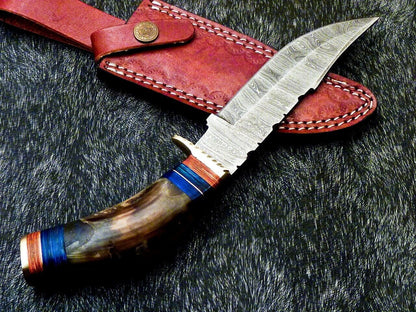 Damascus Bowie – 10" Handmade Ram Horn & Hardwood Handle with Leather Sheath