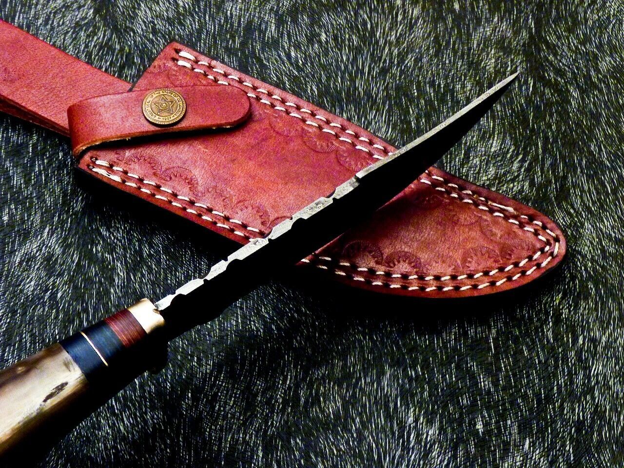 Damascus Bowie – 10" Handmade Ram Horn & Hardwood Handle with Leather Sheath
