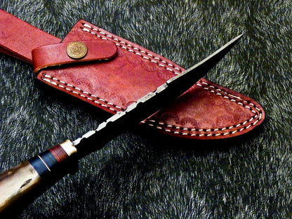 Damascus Bowie – 10" Handmade Ram Horn & Hardwood Handle with Leather Sheath