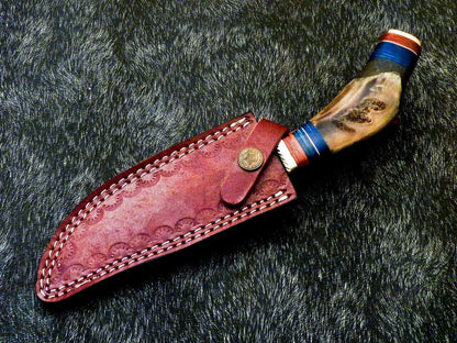 Damascus Bowie – 10" Handmade Ram Horn & Hardwood Handle with Leather Sheath