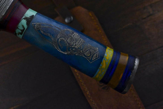 Rare 15.6" Handmade Damascus Hunting Bowie Knife – Camel Bone Handle with Scrimshaw & Leather Sheath