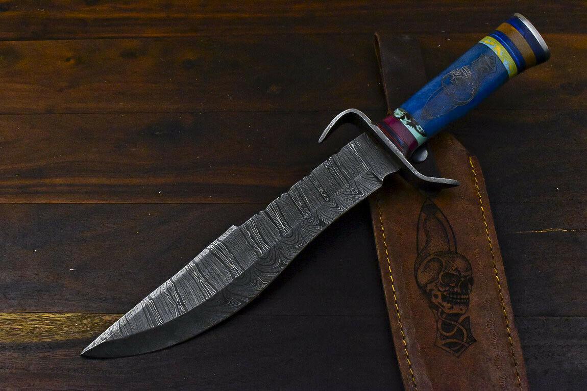 Rare 15.6" Handmade Damascus Hunting Bowie Knife – Camel Bone Handle with Scrimshaw & Leather Sheath