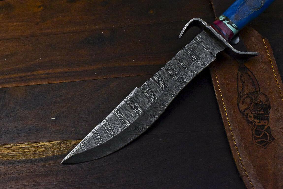Rare 15.6" Handmade Damascus Hunting Bowie Knife – Camel Bone Handle with Scrimshaw & Leather Sheath