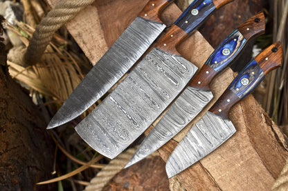 Hand Forged Chef Knife Set of 4 – Twist Damascus Steel with Hardwood Handle – Survival & Kitchen Knives