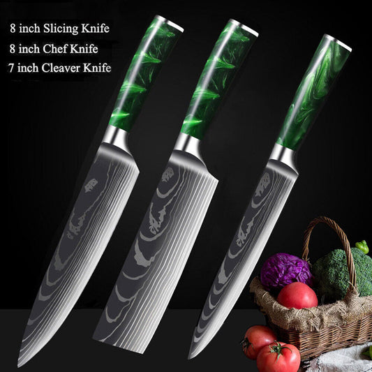 Green 3PC Japanese Damascus Pattern Stainless Steel Kitchen Chef Knife Set with ScabbardsGreen