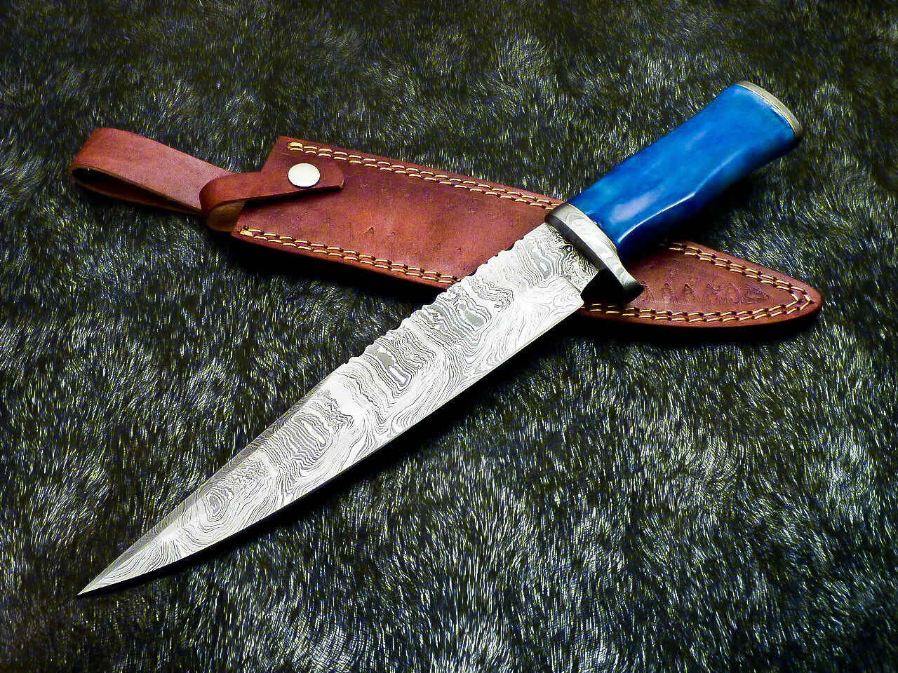 14.75" Handmade Damascus Bowie Knife – Stained Bone Handle & Leather Sheath