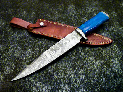 14.75" Handmade Damascus Bowie Knife – Stained Bone Handle & Leather Sheath