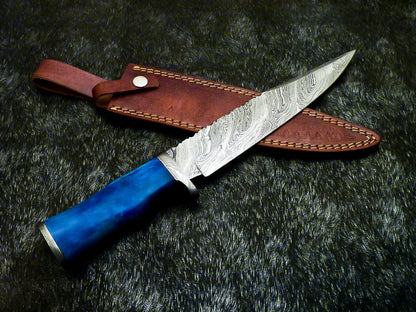 14.75" Handmade Damascus Bowie Knife – Stained Bone Handle & Leather Sheath
