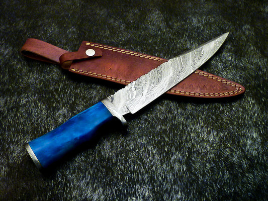 14.75" Handmade Damascus Bowie Knife – Stained Bone Handle & Leather Sheath