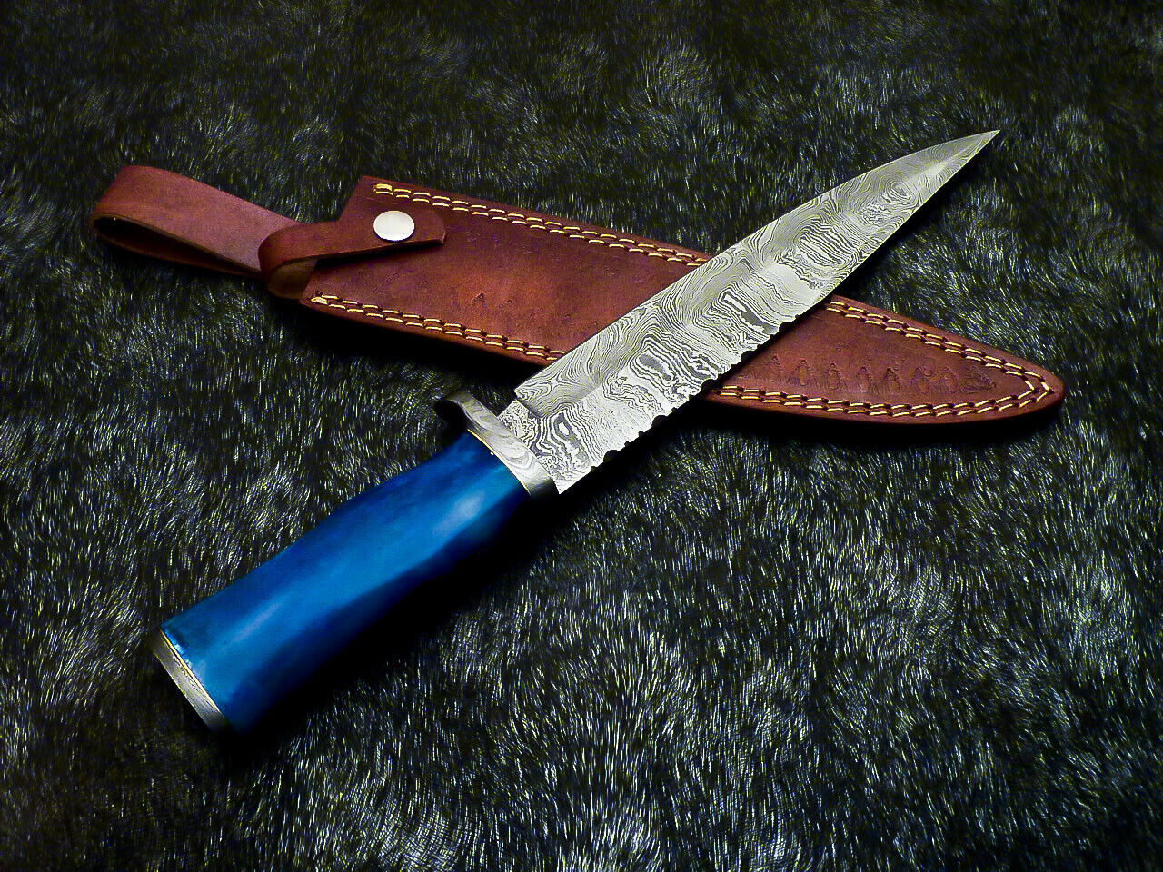 14.75" Handmade Damascus Bowie Knife – Stained Bone Handle & Leather Sheath