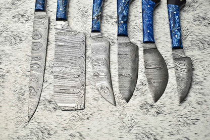 Premium Lot of 6 Handmade Damascus Steel Chef Knives – Full Tang, Artisan Forged Blade Set