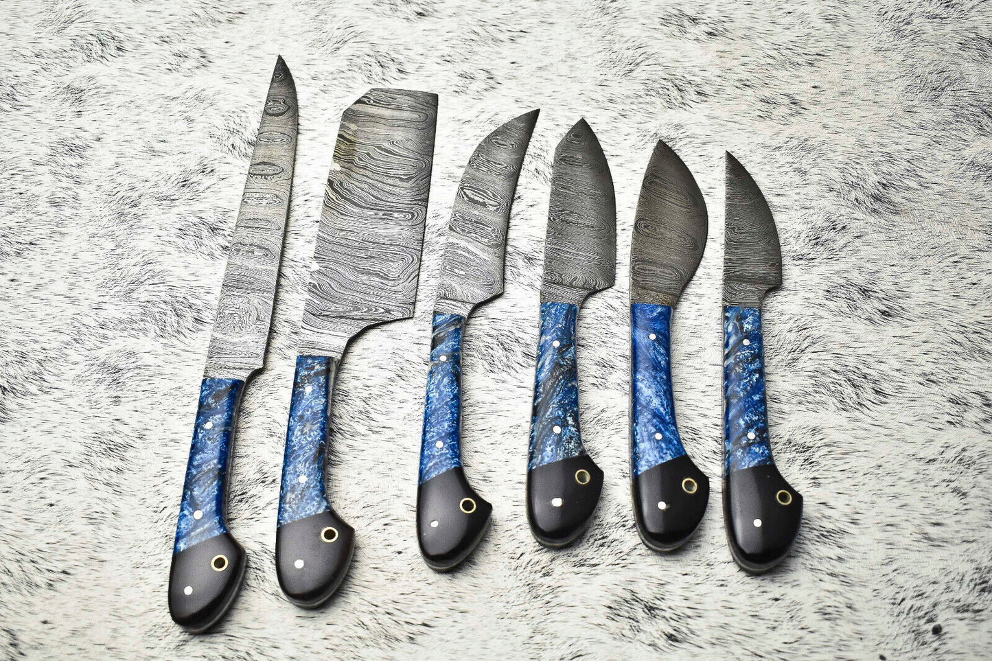Premium Lot of 6 Handmade Damascus Steel Chef Knives – Full Tang, Artisan Forged Blade Set