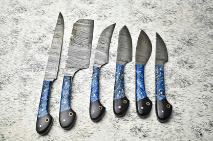 Premium Lot of 6 Handmade Damascus Steel Chef Knives – Full Tang, Artisan Forged Blade Set
